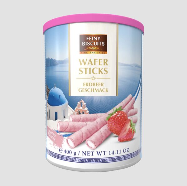 Wafer rolls with strawberry flavoured cream